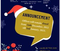 Offices will remain closed from 24th December, 2022 untill 2nd Januaryu, 2023